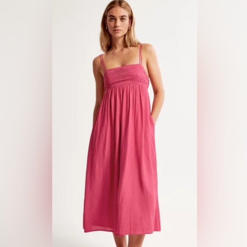 Abercrombie & Fitch Pink Crinkle Textured Maxi Dress with Pockets PETITE SMALL